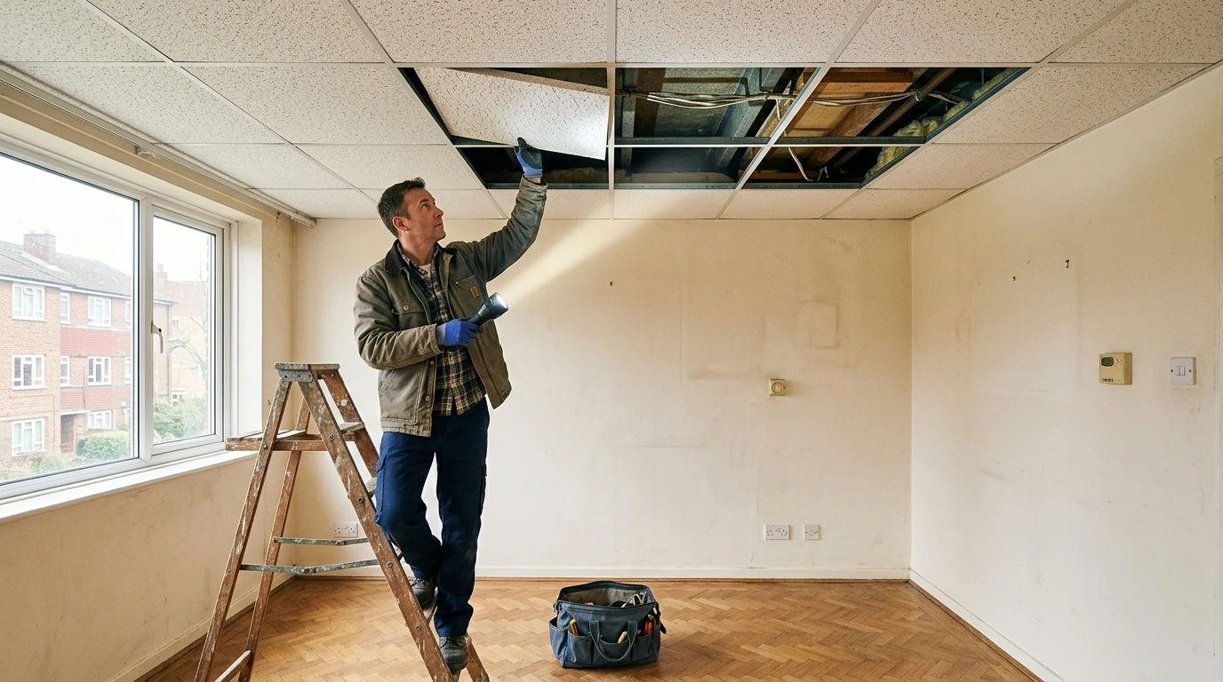 Faux plafond d’un logement ancien inspecté lors d’un repérage amiante