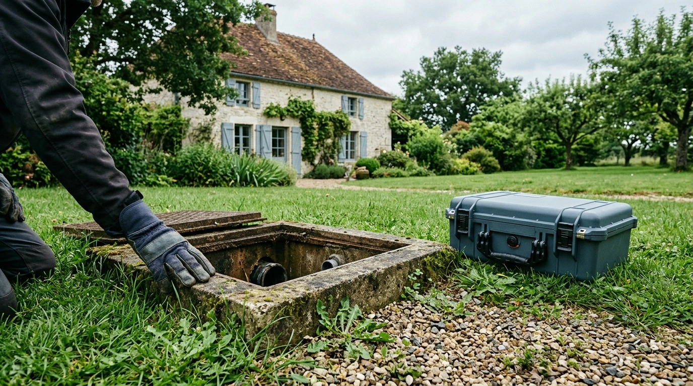 Regard de contrôle d’une installation d’assainissement non collectif dans un jardin