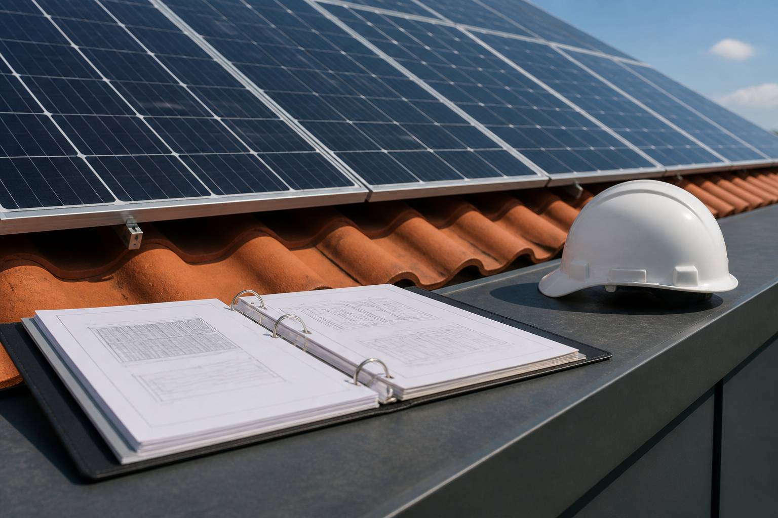 Panneaux solaires sur toiture avec classeur technique et casque de chantier