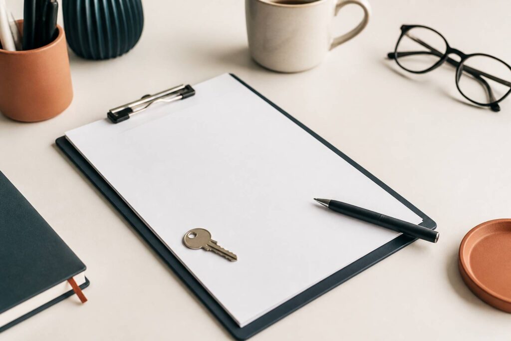 Contrat de location vierge avec une clé et un stylo sur un bureau