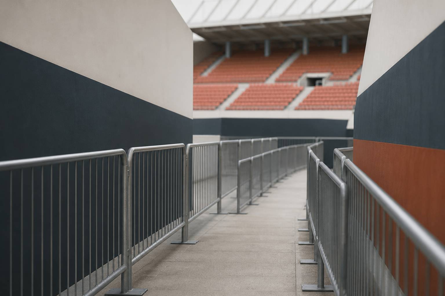 Barrières de guidage alignées dans un couloir d'accès de stade