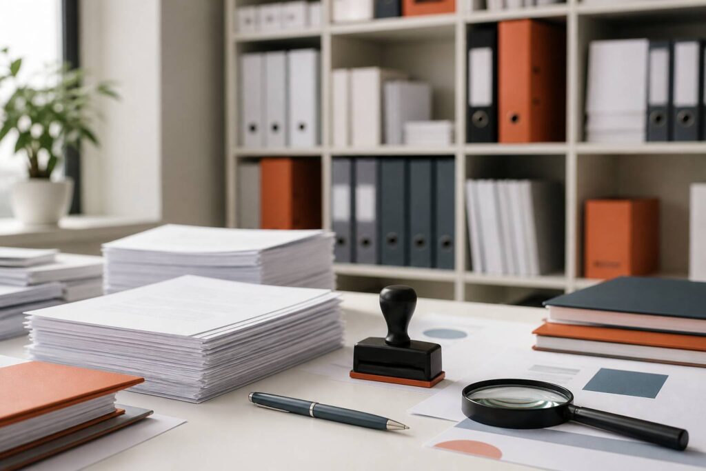 Documents administratifs officiels avec un tampon sur un bureau
