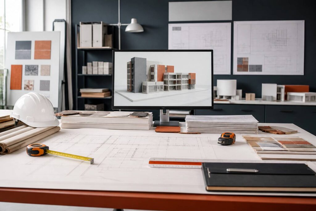 Bureau d'étude avec plans d'architecture déroulés et maquette numérique sur écran