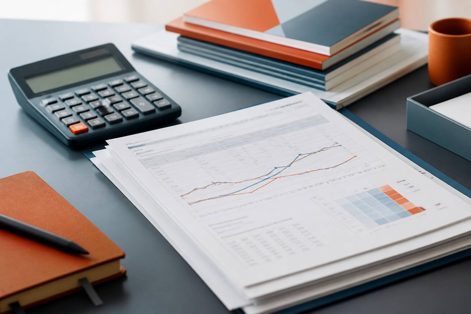 Tableau de calcul d'indice avec graphique, documents et calculatrice sur un bureau professionnel