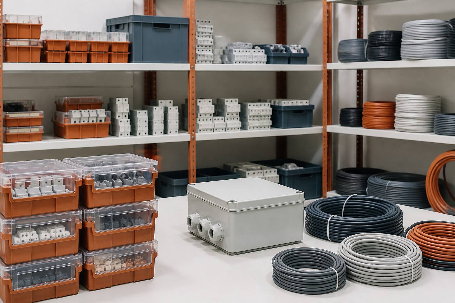 Boîtes de rangement empilées avec composants et rouleaux de câble