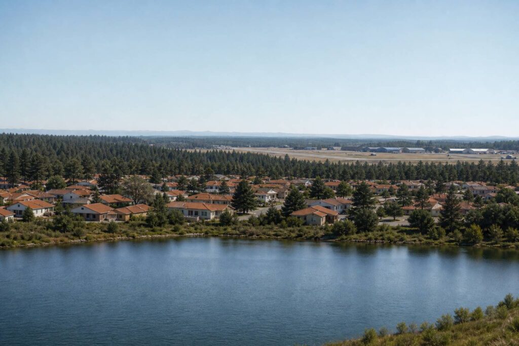 Quartier résidentiel entre un lac et une forêt de pins