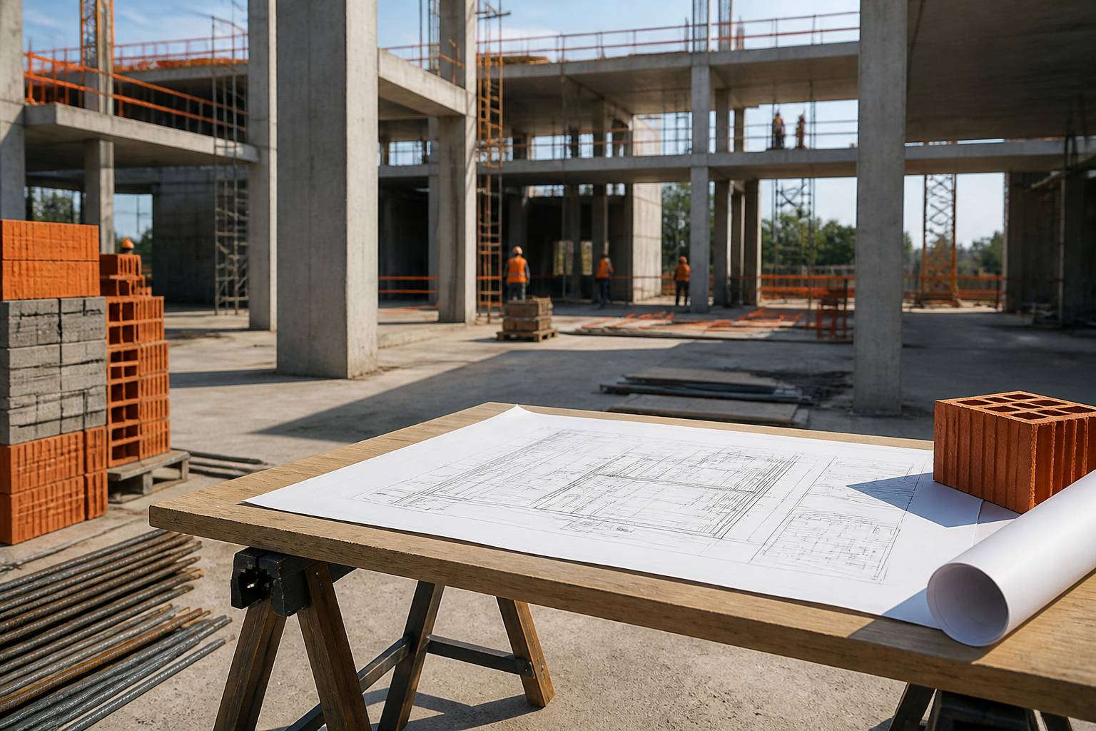 Chantier de construction avec structure en béton et ouvriers en silhouette lointaine