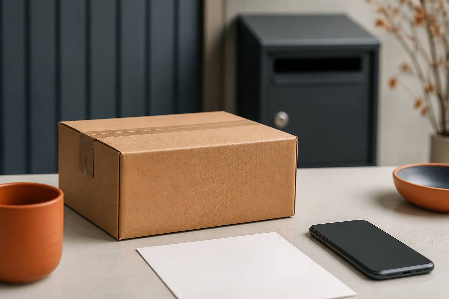 Colis en carton avec ticket de commande vierge et smartphone