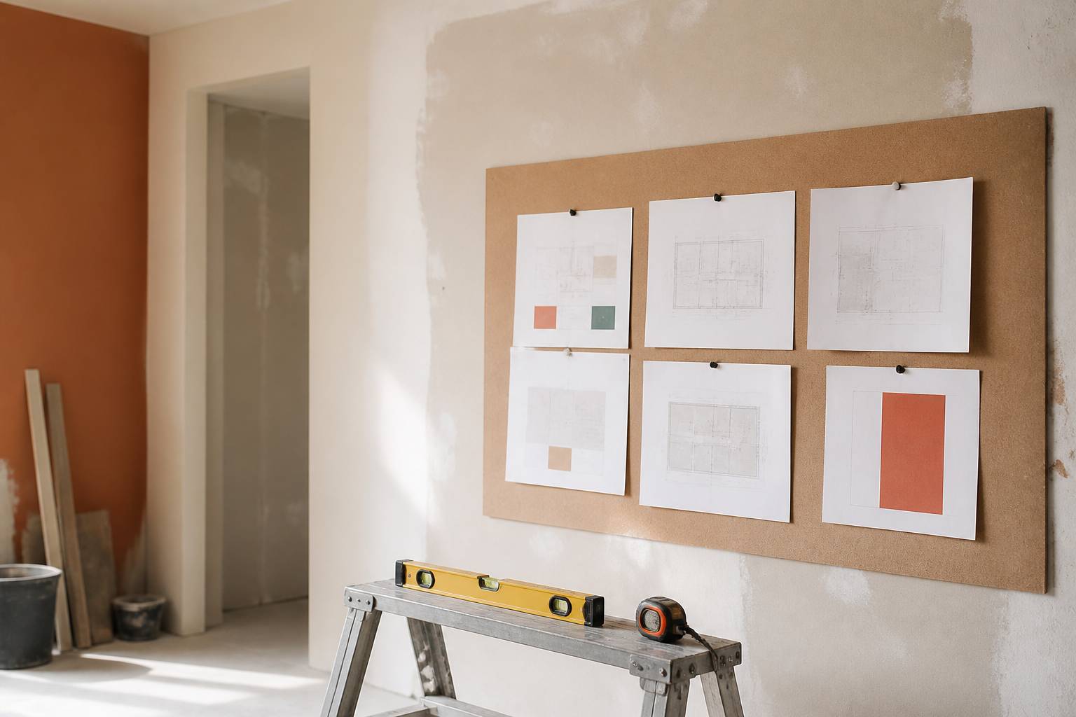 Devis de rénovation affichés sur un tableau de chantier avec outils