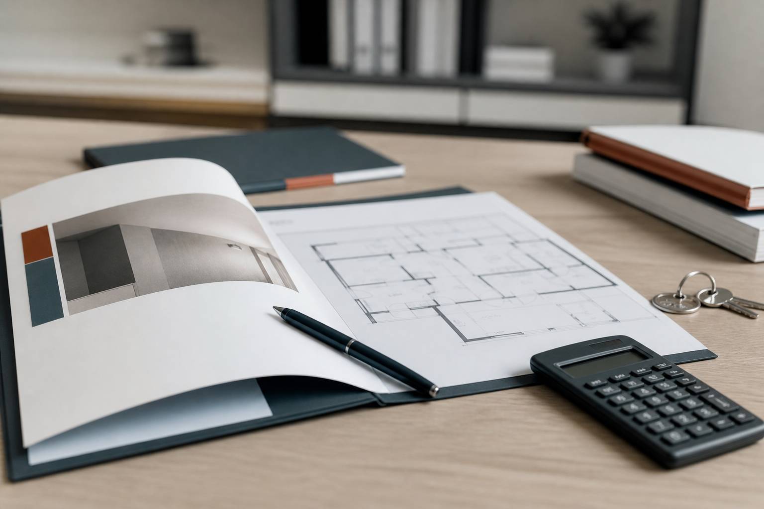 Dossier de vente immobilière avec stylo et plan sur une table