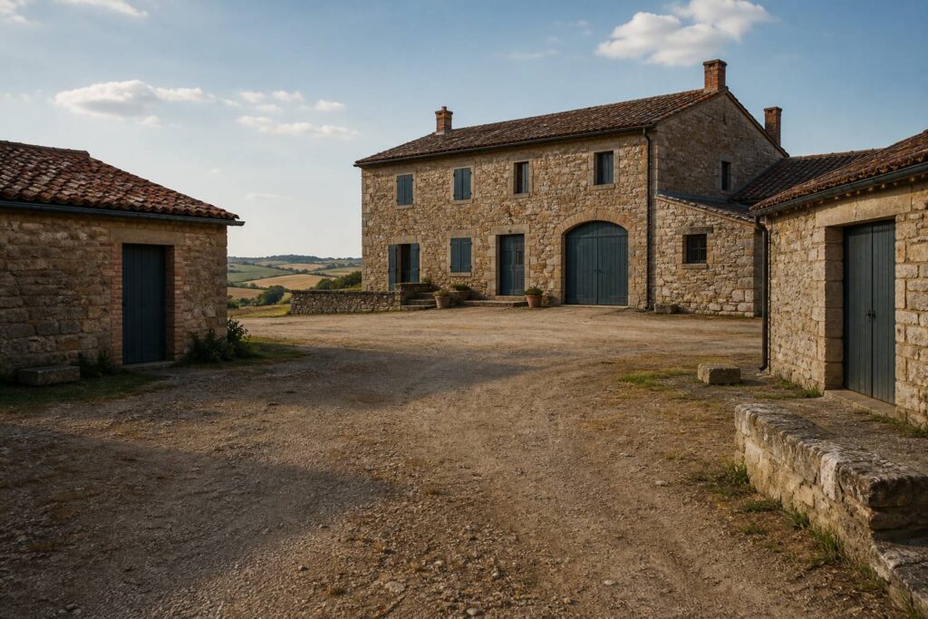 Corps de ferme ancien en pierre avec dépendances et cour