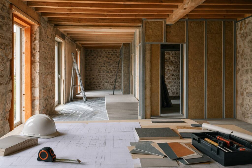 Chantier de rénovation organisé avec plans, mètre ruban et casque