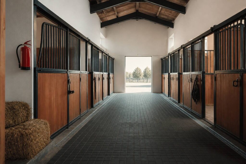 Intérieur d'écurie propre avec extincteur mural générique et boxes en bois