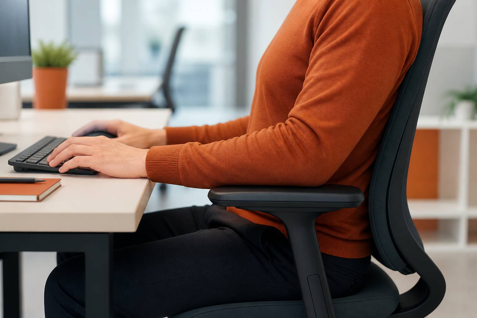 Démonstration de gestes et postures au travail sur une chaise ergonomique