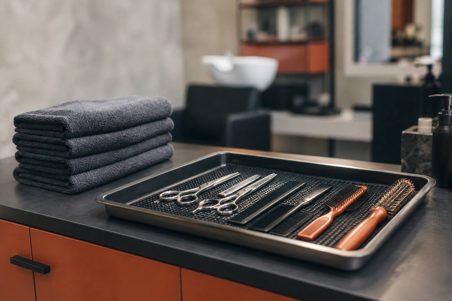 Instruments de coiffure désinfectés alignés dans un bac de nettoyage