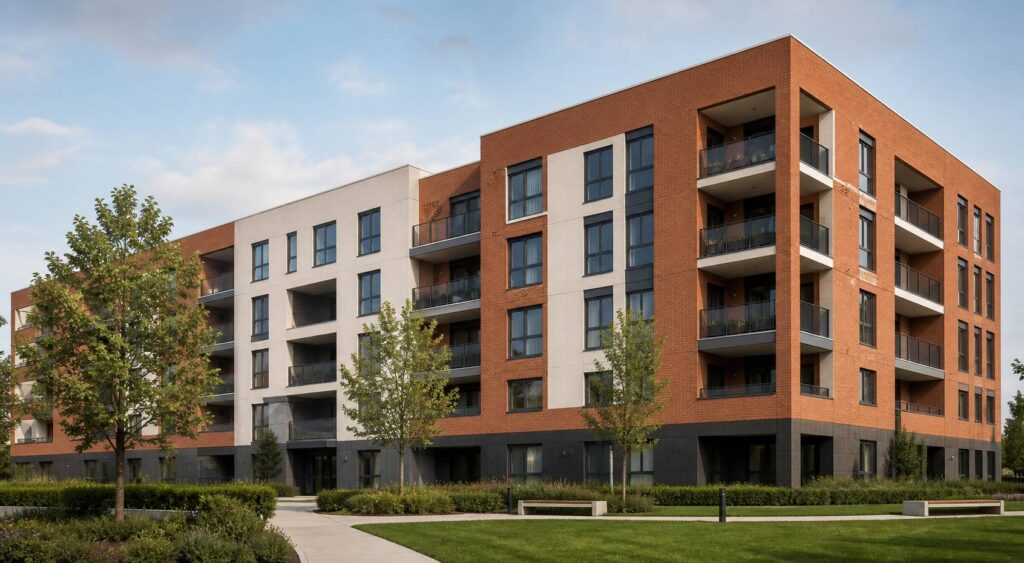 Immeuble de logements sociaux moderne avec balcons et pelouse