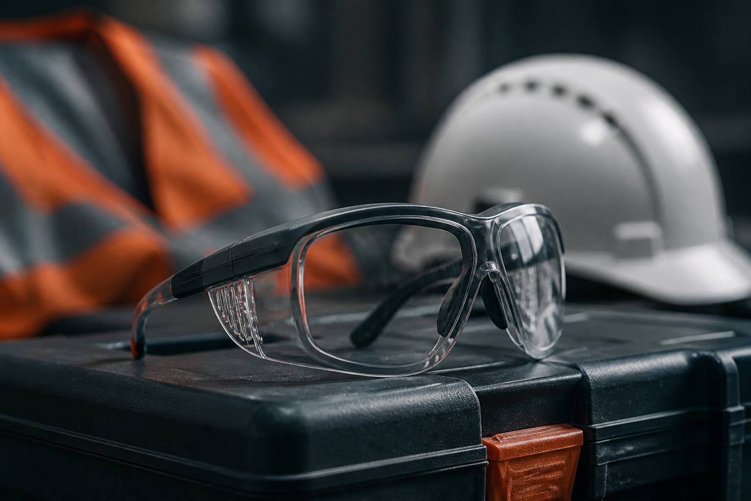 Lunettes de protection à coques sur une caisse à outils de chantier