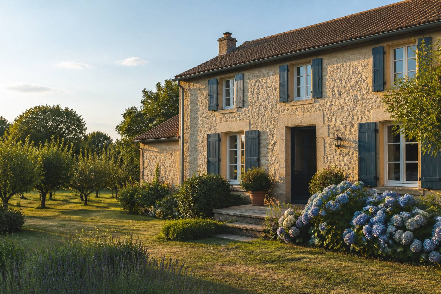 Maison individuelle en pierre avec jardin et massif d'hortensias dans un cadre breton