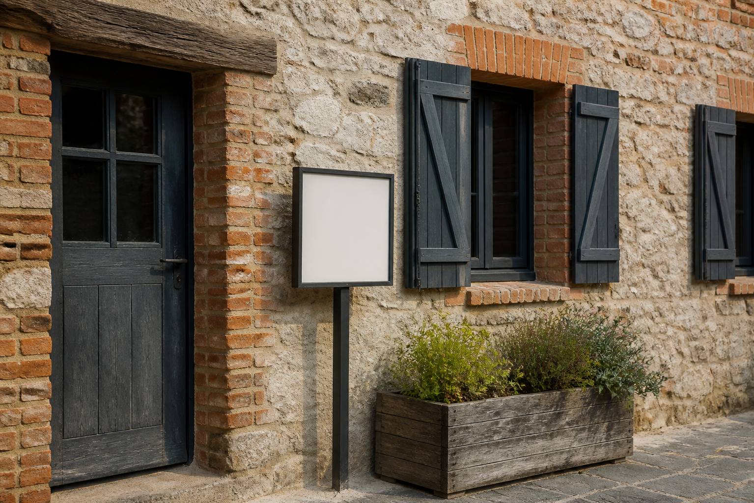 Façade en pierre d'une maison avec un panneau de vente sans texte