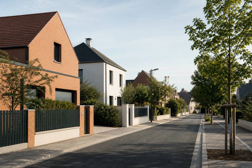 Rue résidentielle d'Orgeval avec maisons en brique et arbres