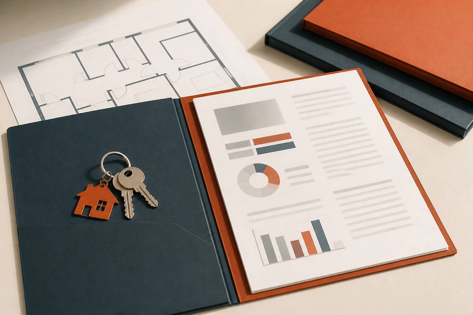 Dossier immobilier avec clés et plan de maison sur table claire