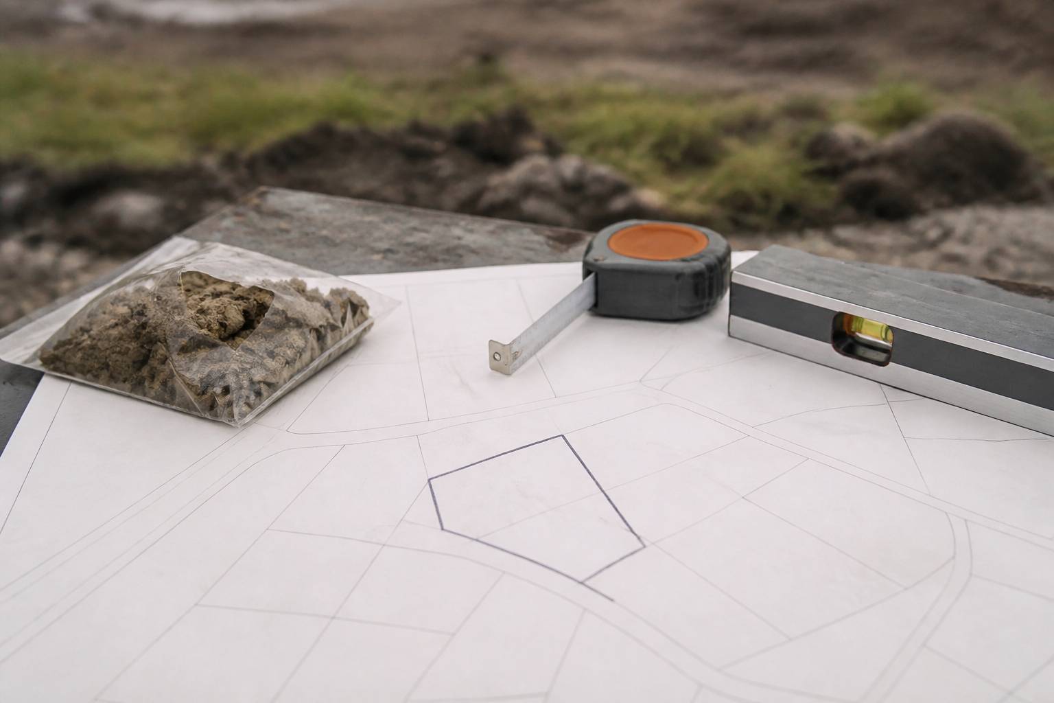 Plan cadastral avec parcelle délimitée au crayon et carottage de sol sur une table de chantier
