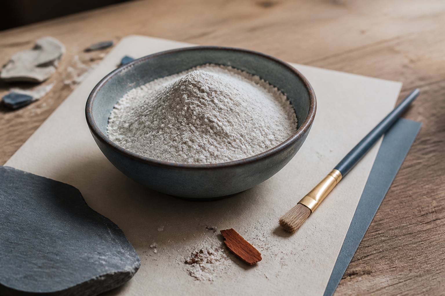 Bol de poudre blanche avec pinceau et morceau de bois