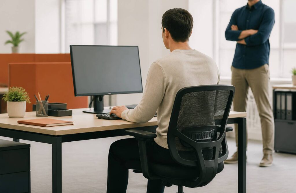 Salarié adoptant une bonne posture assise à un poste de travail ergonomique