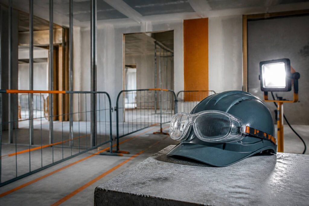 Lunettes de protection posées sur un casque sur un chantier