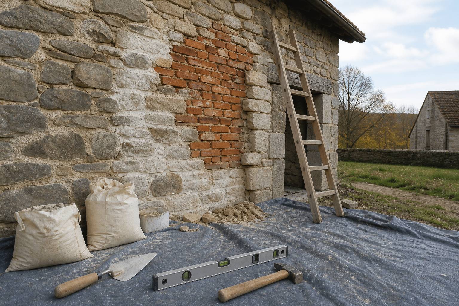 Chantier de rénovation de ferme avec mur en pierre et outils