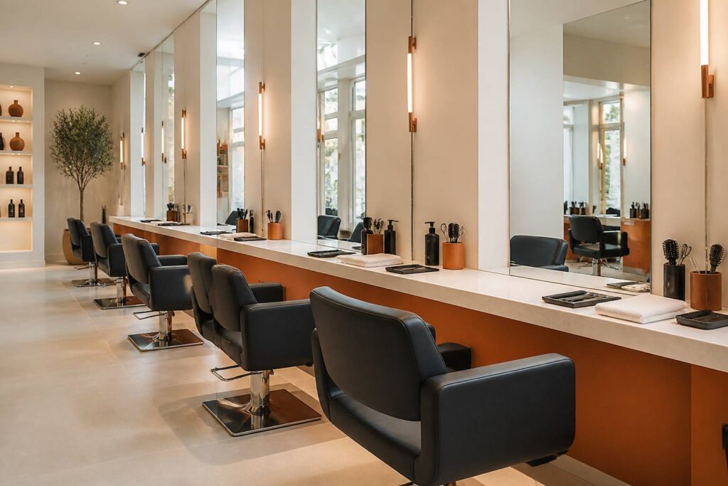 Salon de coiffure lumineux aux instruments rangés et serviettes propres pliées