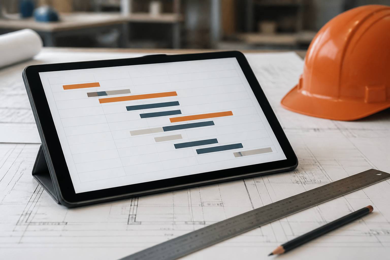 Tablette avec planning de chantier abstrait posée sur des plans d'architecture avec règle métallique et crayon