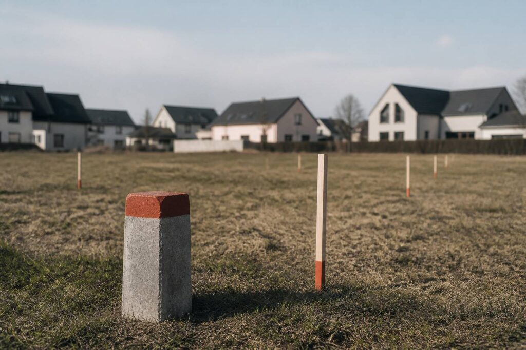 Terrain nu délimité par des piquets avec une borne de géomètre au premier plan