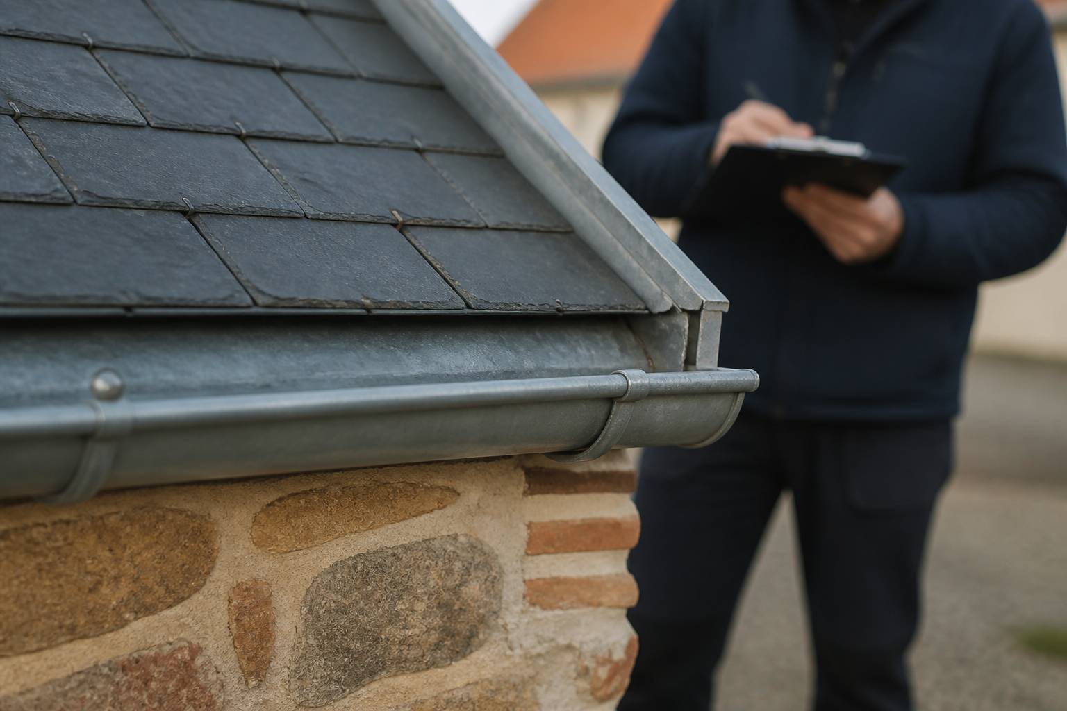 Angle de toiture en ardoise avec un mur en pierre lors d'une inspection