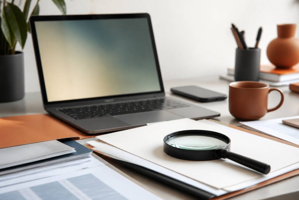 Bureau de vérification avec ordinateur, documents et loupe