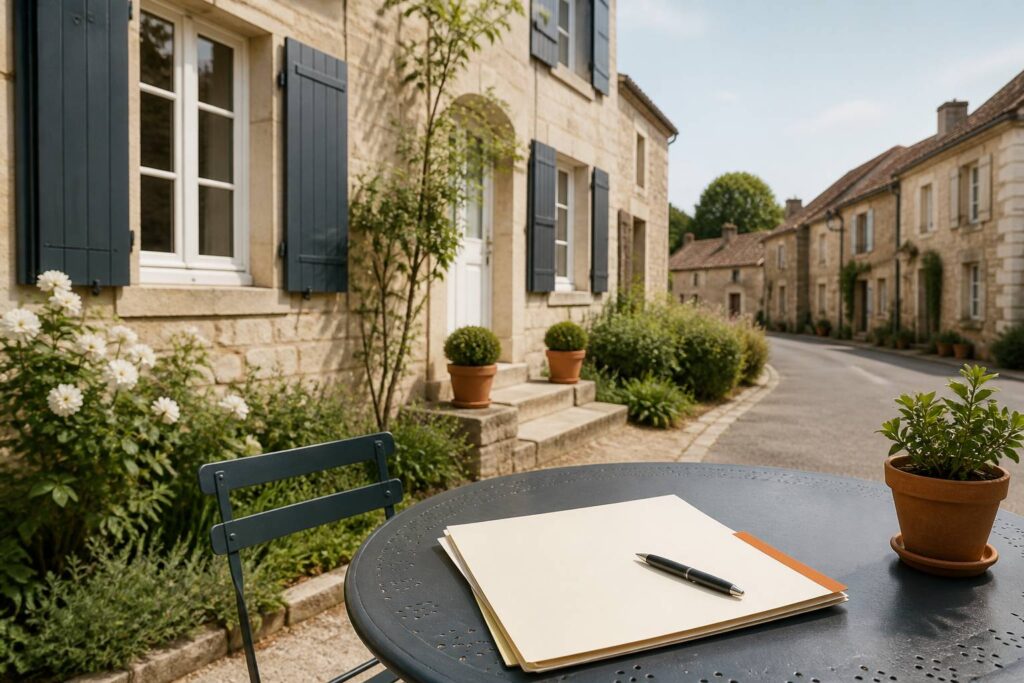 Maison en pierre claire avec dossier de vente sur la table de jardin