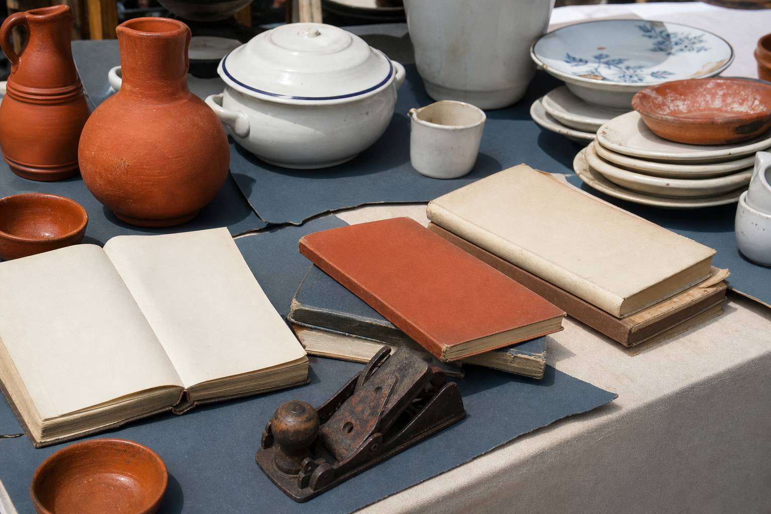 Table de brocante avec vaisselle ancienne et livres sans titres