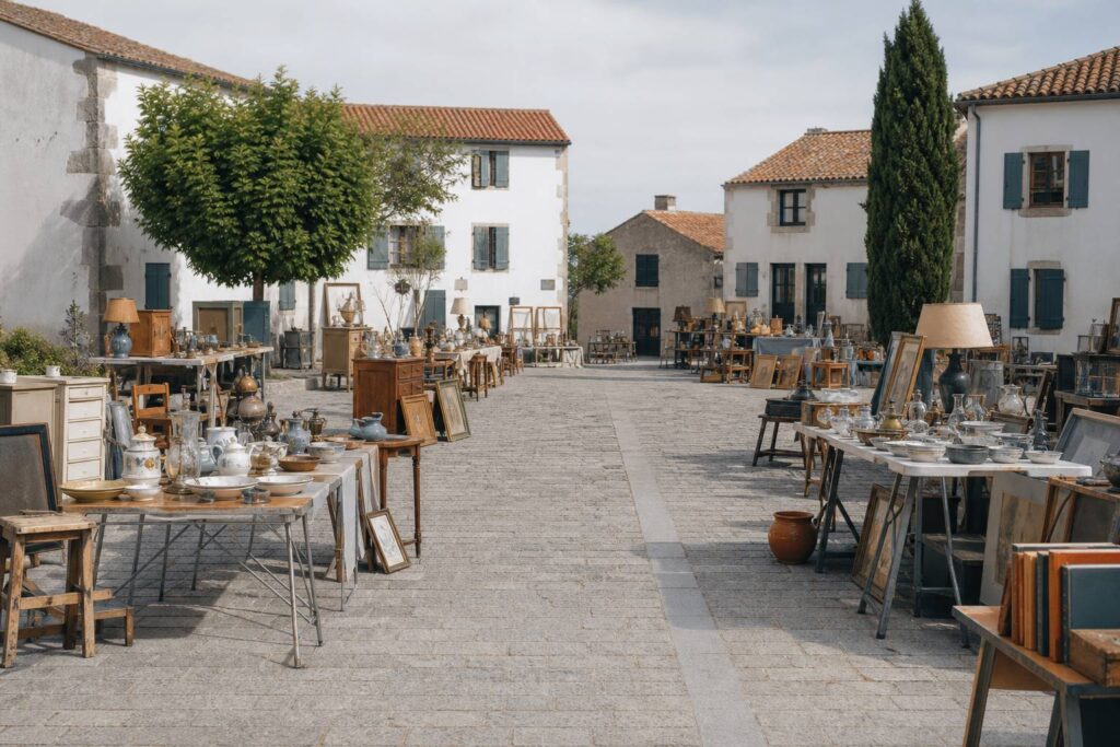 Place de village avec stands de brocante et tables d'occasion