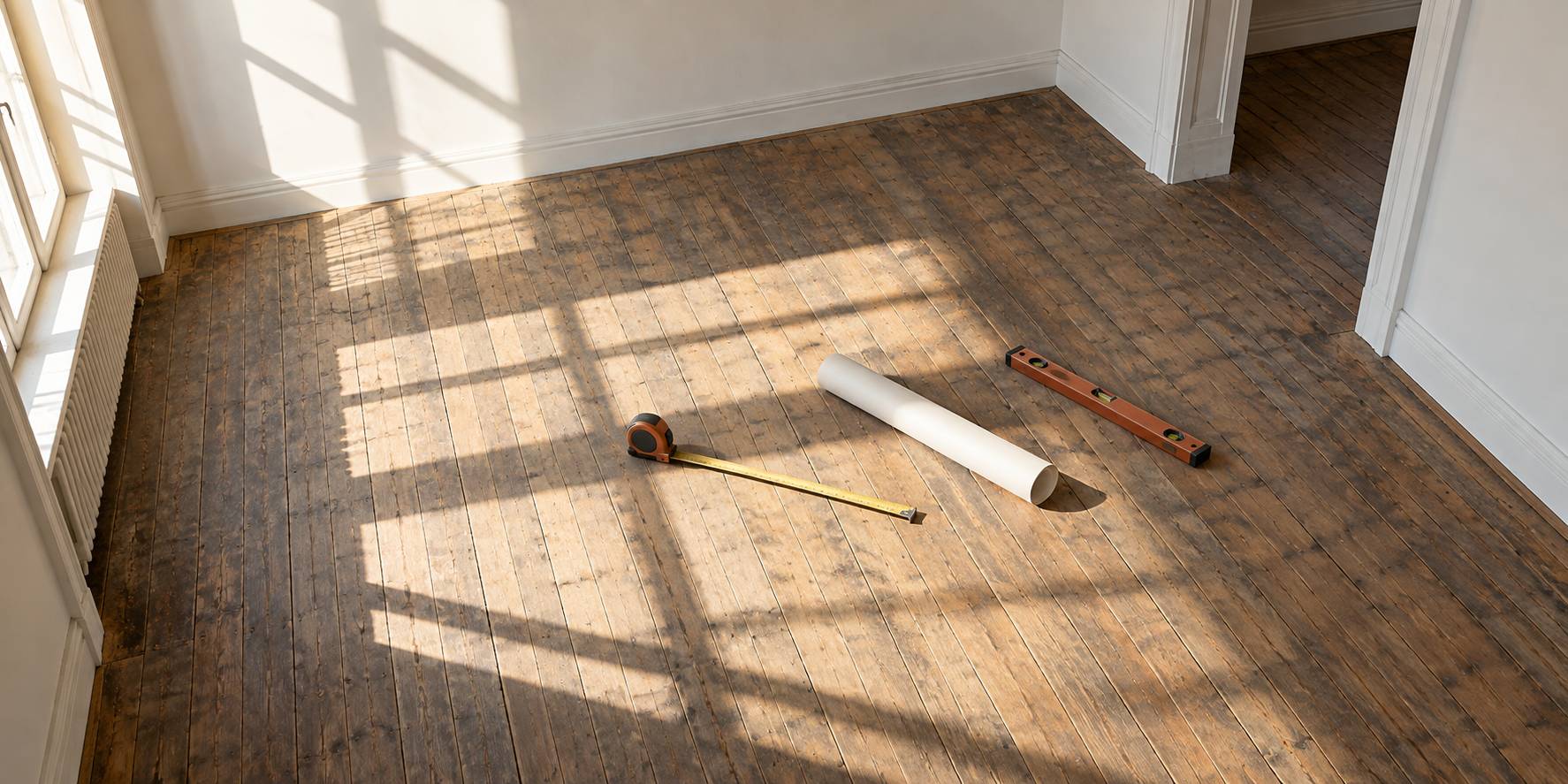 Pièce vide avec mètre ruban et plan roulé posés au sol