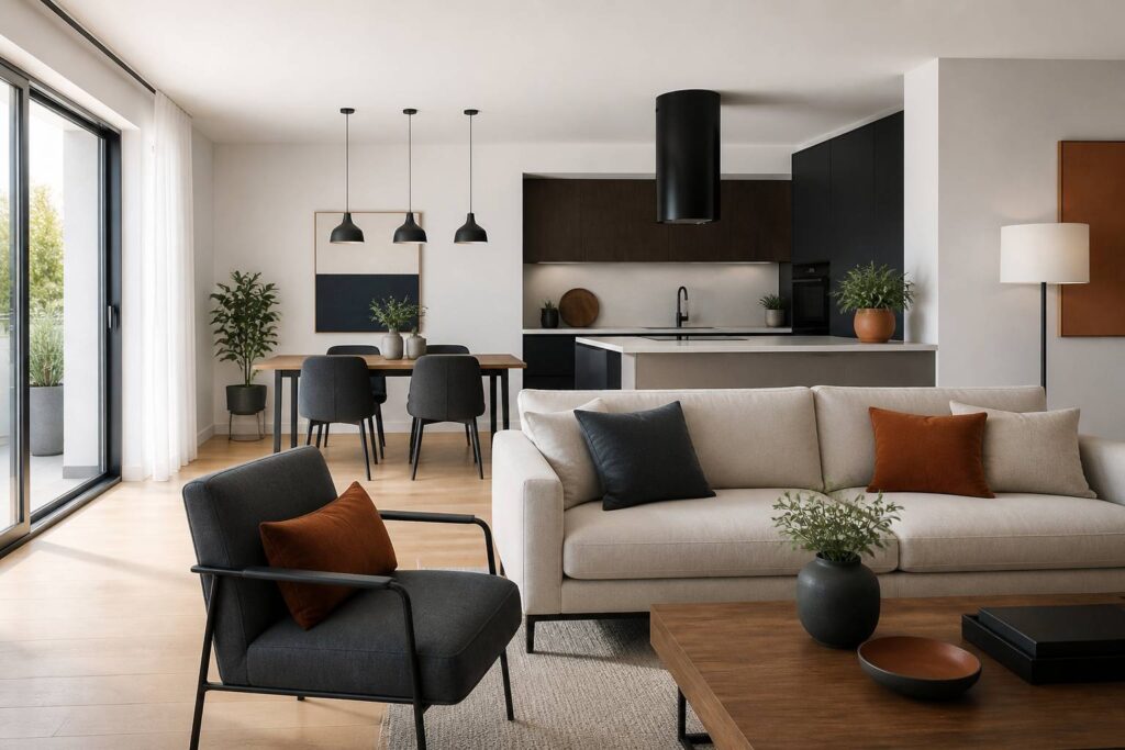 Séjour lumineux d'un appartement T4 ouvert sur une cuisine équipée contemporaine