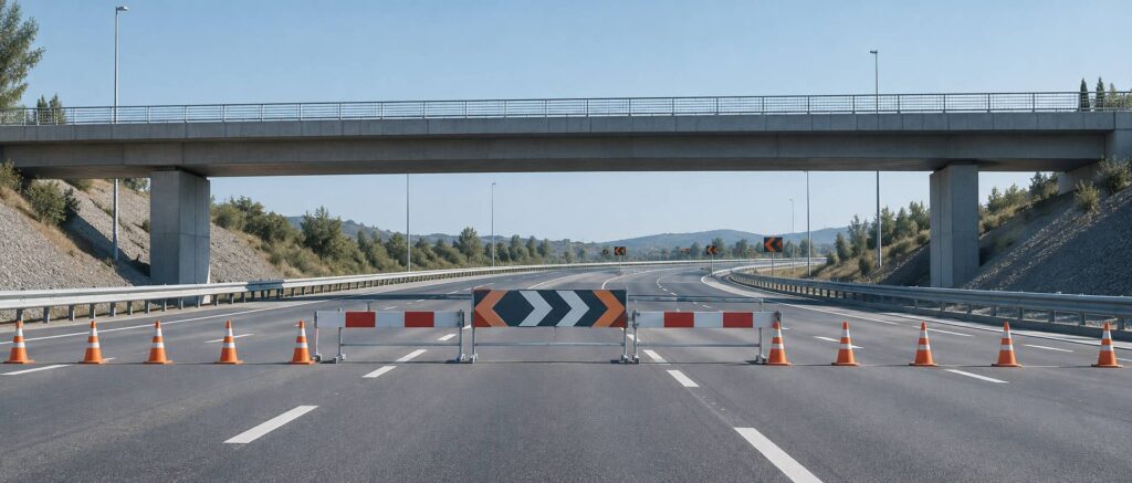 Autoroute fermée avec barrières, cônes et panneau de déviation