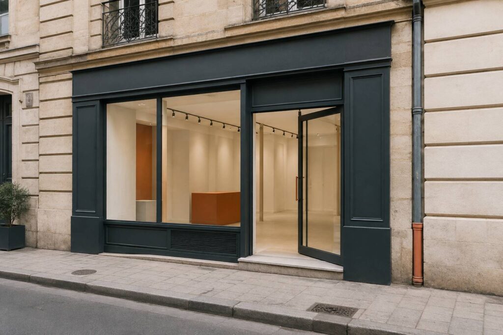 Devanture de local commercial avec vitrine lumineuse en rez-de-chaussée