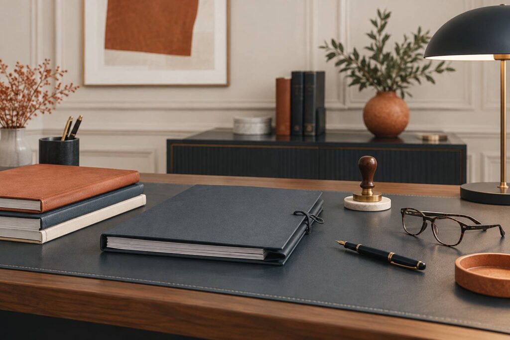 Bureau de notaire avec dossier de documents, tampon et stylo plume