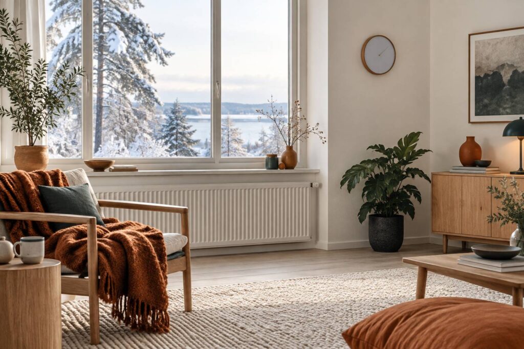 Intérieur d'hiver avec radiateur discret et plaid de laine