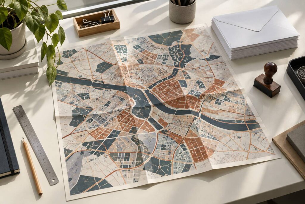 Carte de ville dépliée et enveloppes sur un bureau lumineux
