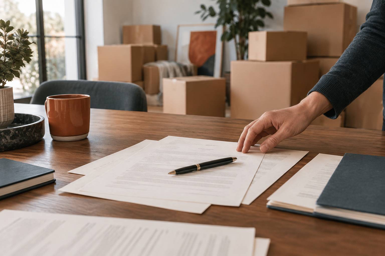 Signature de documents de déménagement sur une table, cartons en fond