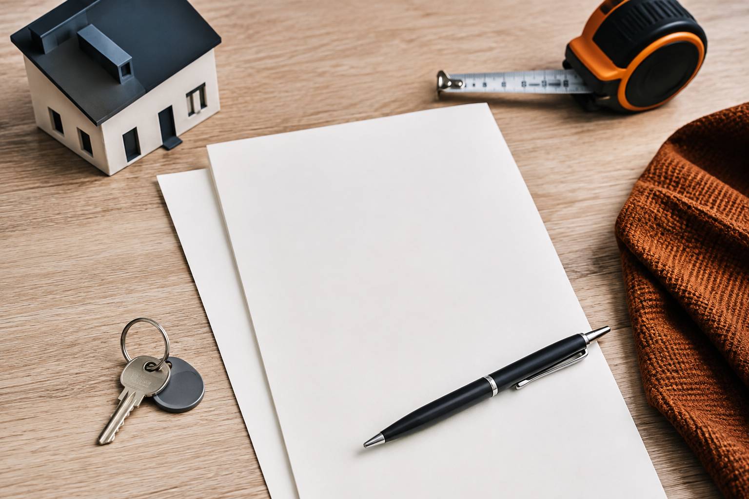 Table en bois clair avec contrat vierge, stylo, clé de porte et mètre ruban