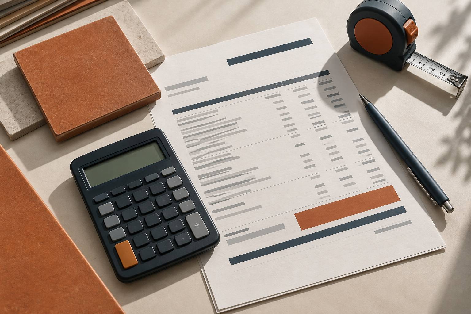 Devis de travaux avec le total surligné et une calculatrice
