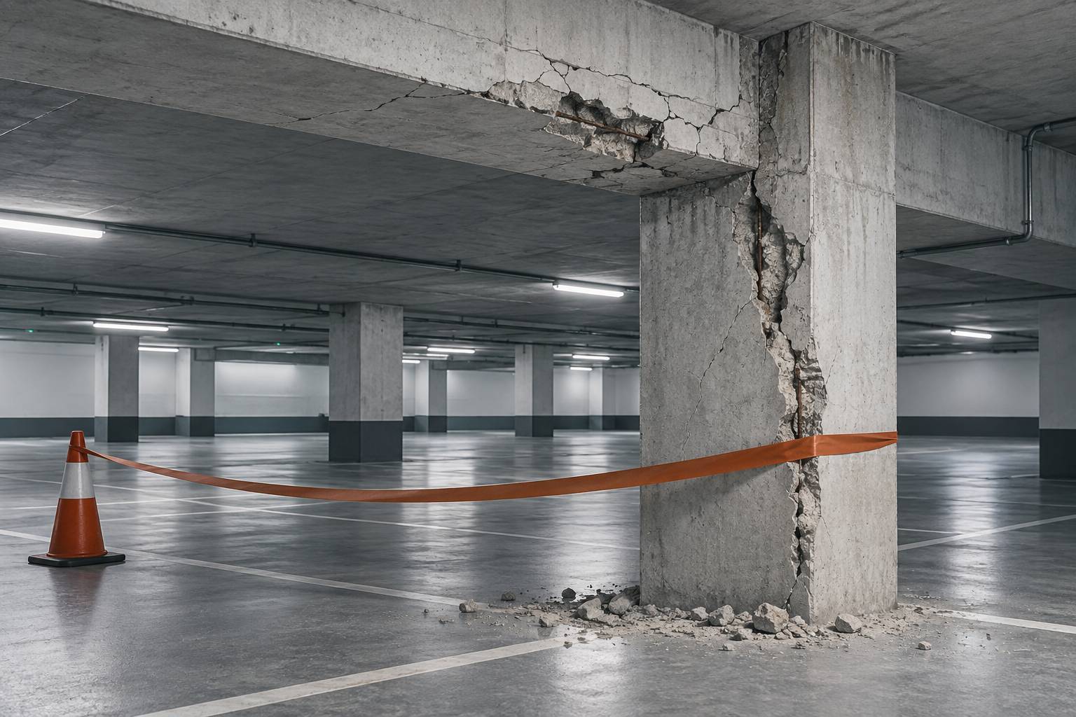 Détail de fissures sur un pilier en béton avec balisage de sécurité