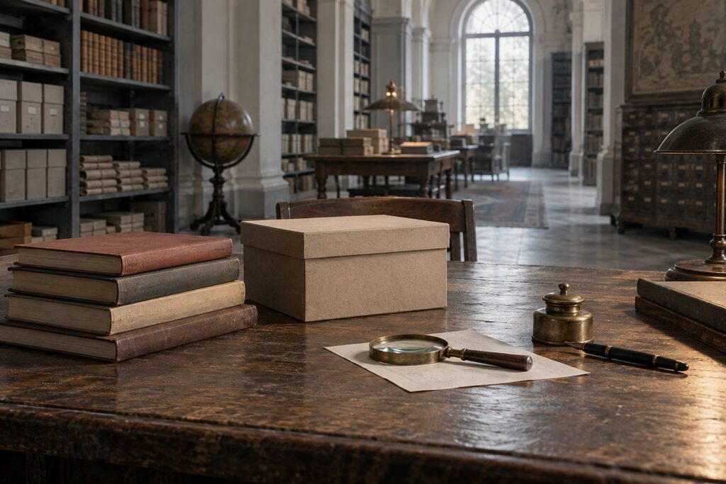 Table de bibliothèque avec livres fermés, boîte d'archives et loupe
